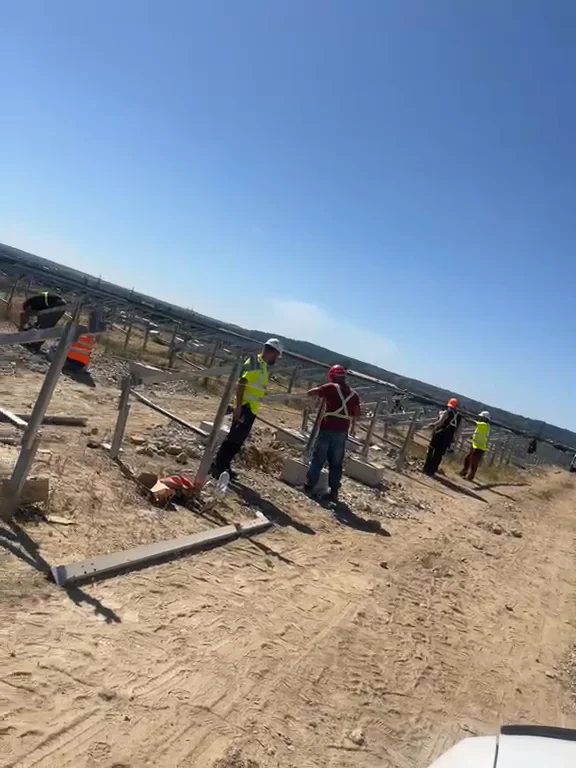 Echipă în teren între elementele de structură ale parcului fotovoltaic Ișalnița